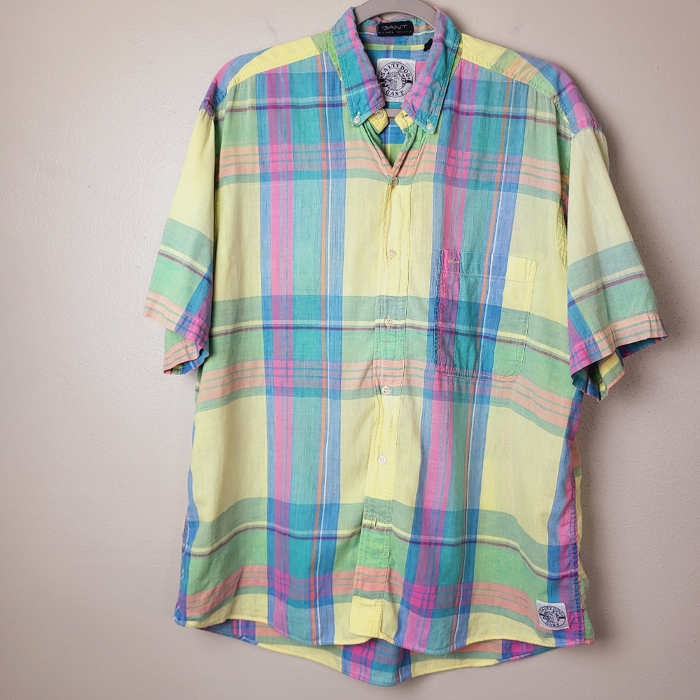 Salty Dog Gant Pastel Plaid Short Sleeve‎ Button Down Shirt Cotton Men's Large